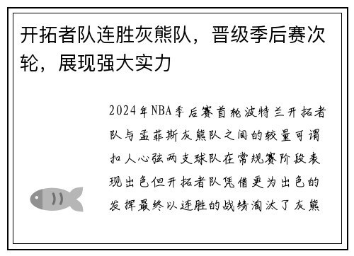 开拓者队连胜灰熊队，晋级季后赛次轮，展现强大实力