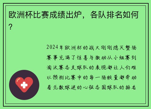 欧洲杯比赛成绩出炉，各队排名如何？