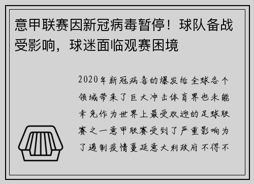 意甲联赛因新冠病毒暂停！球队备战受影响，球迷面临观赛困境