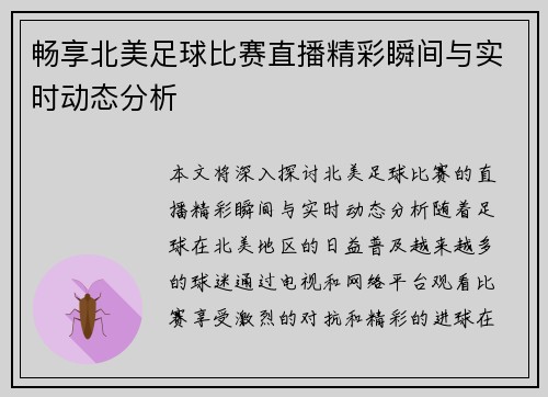 畅享北美足球比赛直播精彩瞬间与实时动态分析